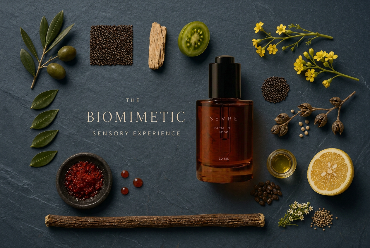 Overhead arrangement of the natural raw materials in SEVRE N°00 — astaxanthin microalgae powder, centella leaves, licorice root, green tomato, citrus, chamomile, grape, sunflower, jojoba, meadowfoam and rapeseed seeds, avocado and olive — laid out on dark paper beside a vial of the finished oil.