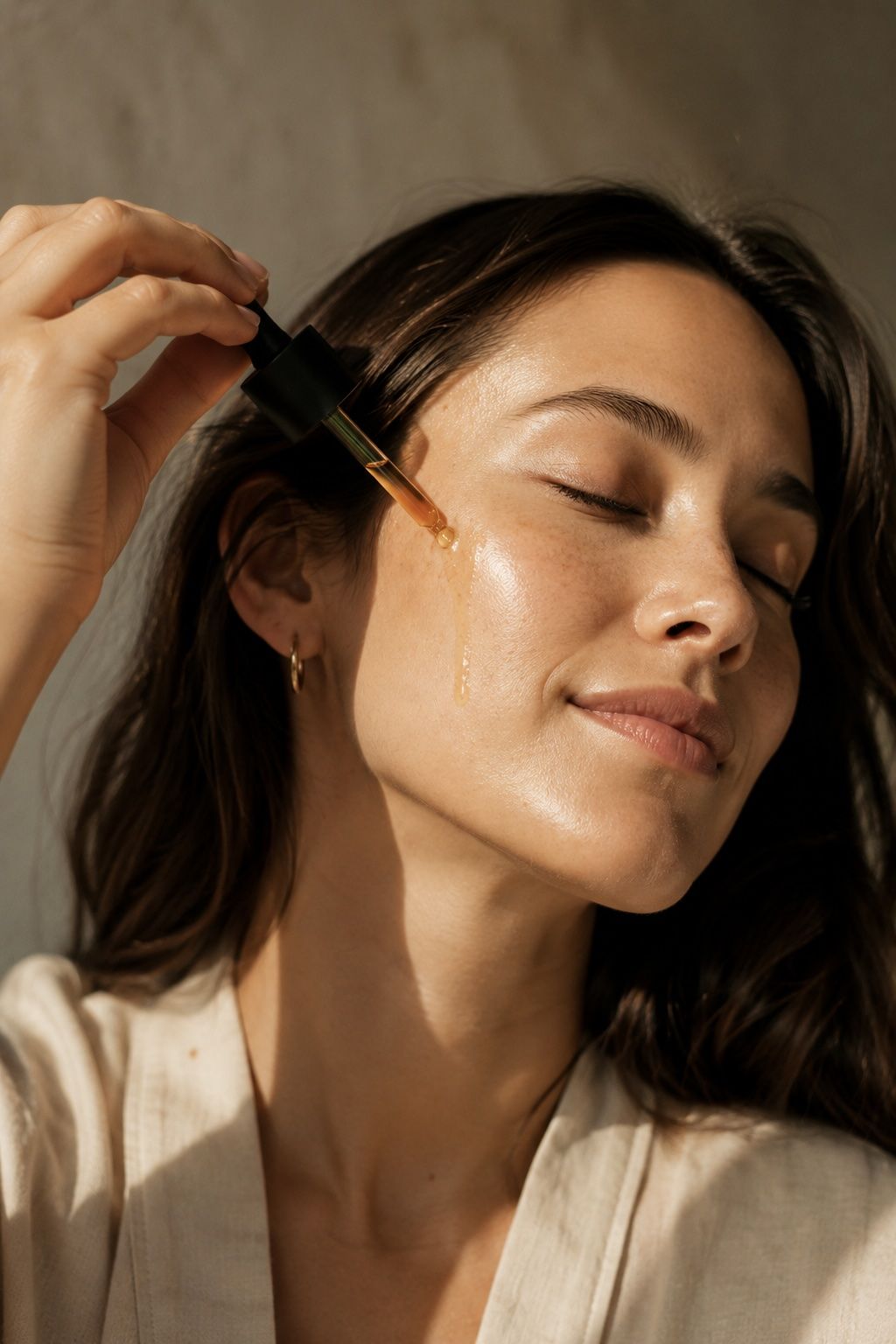 Woman pressing the pink-amber N°00 treatment into her skin.